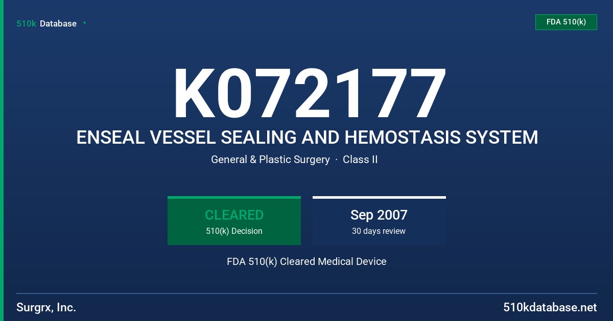 K072177 ENSEAL VESSEL SEALING AND HEMOSTASIS SYSTEM FDA 510(k) Cleared Medical Device