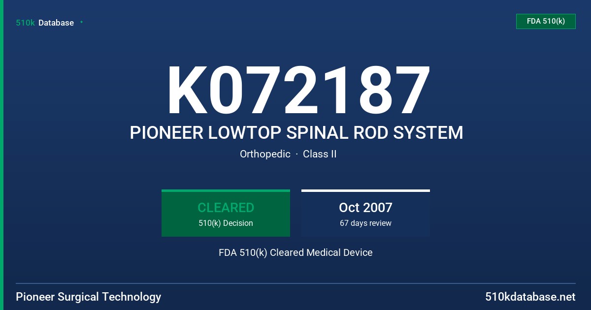 K072187 PIONEER LOWTOP SPINAL ROD SYSTEM FDA 510(k) Cleared Medical Device