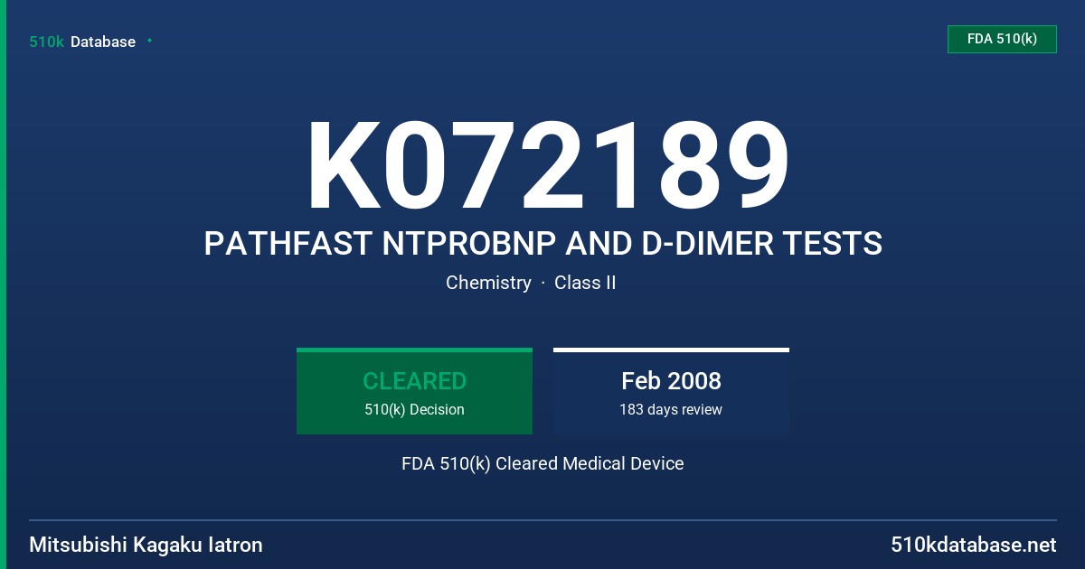 K072189 PATHFAST NTPROBNP AND D-DIMER TESTS FDA 510(k) Cleared Medical Device