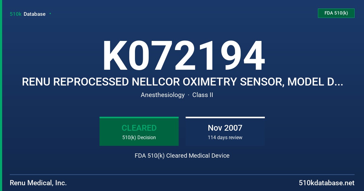 K072194 RENU REPROCESSED NELLCOR OXIMETRY SENSOR, MODEL D-25, N-25 FDA 510(k) Cleared Medical Device
