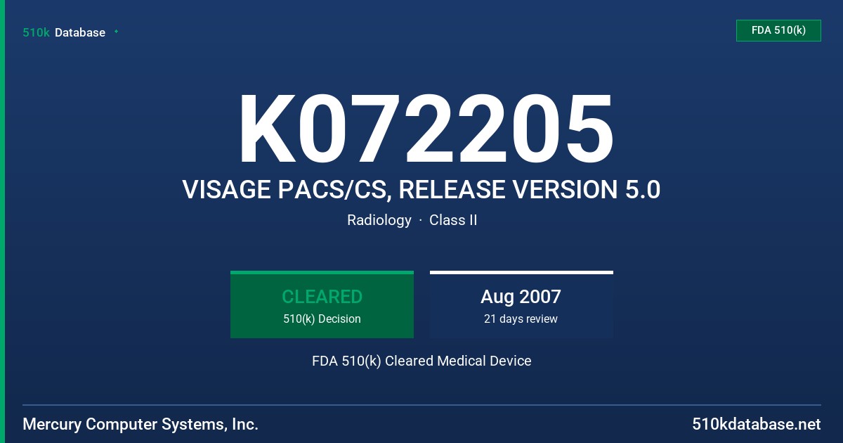 K072205 VISAGE PACS/CS, RELEASE VERSION 5.0 FDA 510(k) Cleared Medical Device