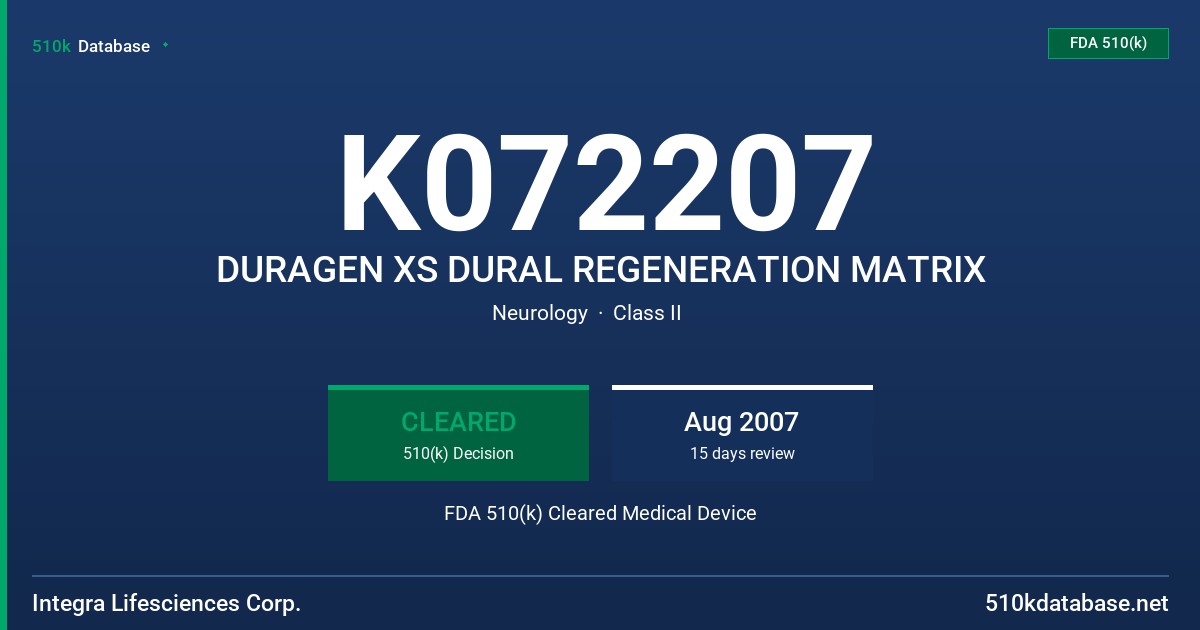 K072207 DURAGEN XS DURAL REGENERATION MATRIX FDA 510(k) Cleared Medical Device
