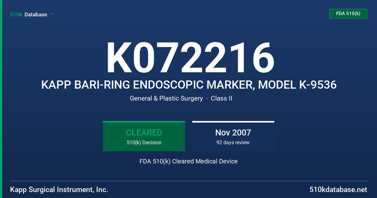 K072216 KAPP BARI-RING ENDOSCOPIC MARKER, MODEL K-9536 FDA 510(k) Cleared Medical Device