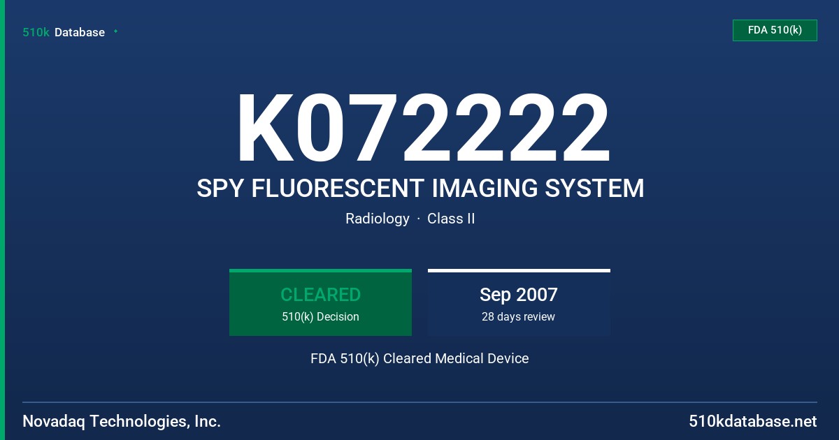 K072222 SPY FLUORESCENT IMAGING SYSTEM FDA 510(k) Cleared Medical Device
