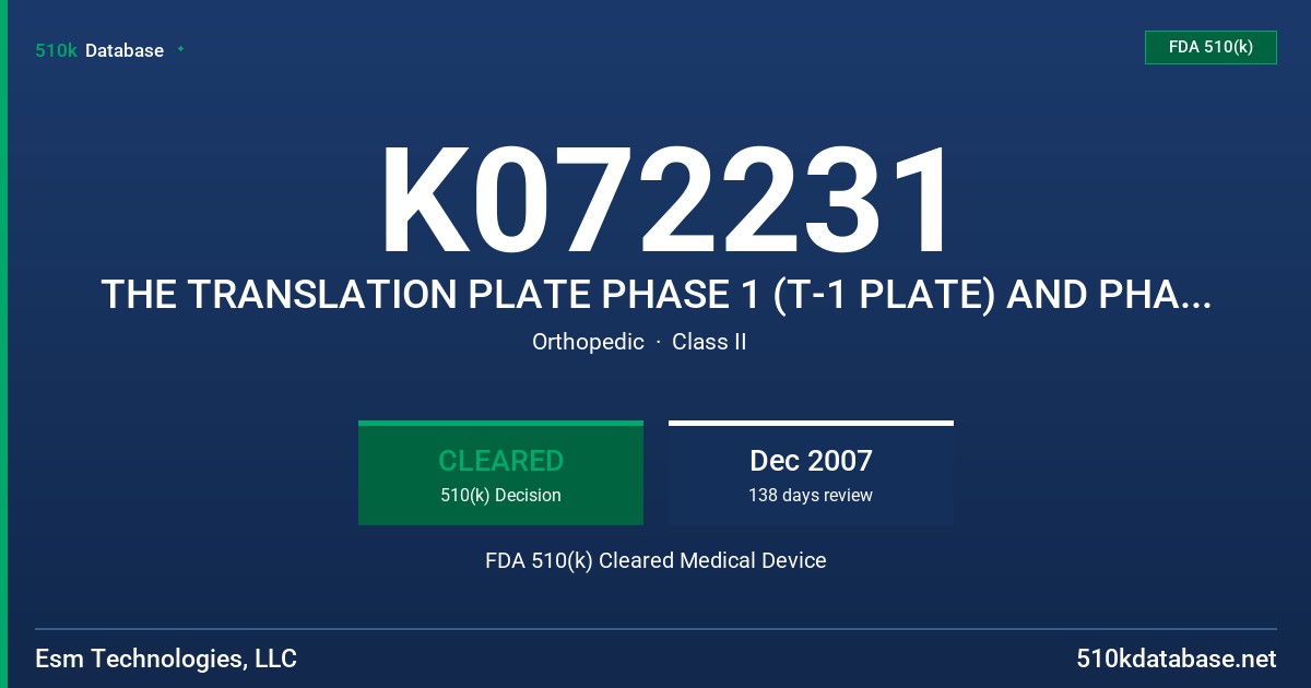 K072231 THE TRANSLATION PLATE PHASE 1 (T-1 PLATE) AND PHASE 2 (T-2 PLATE) FDA 510(k) Cleared Medical Device