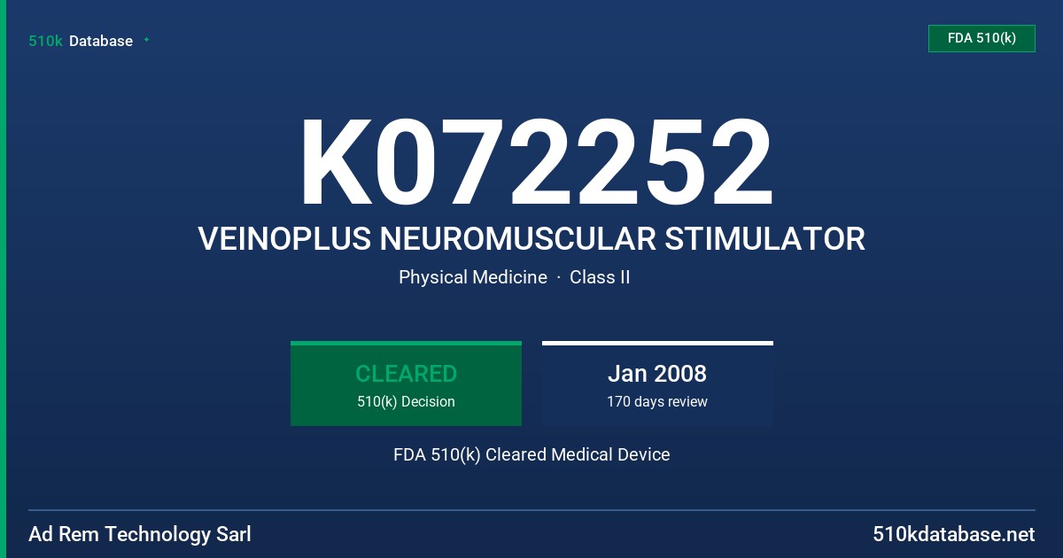 K072252 VEINOPLUS NEUROMUSCULAR STIMULATOR FDA 510(k) Cleared Medical Device