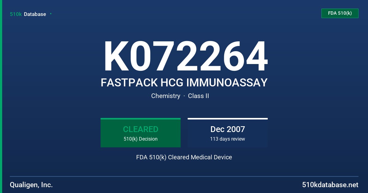 K072264 FASTPACK HCG IMMUNOASSAY FDA 510(k) Cleared Medical Device