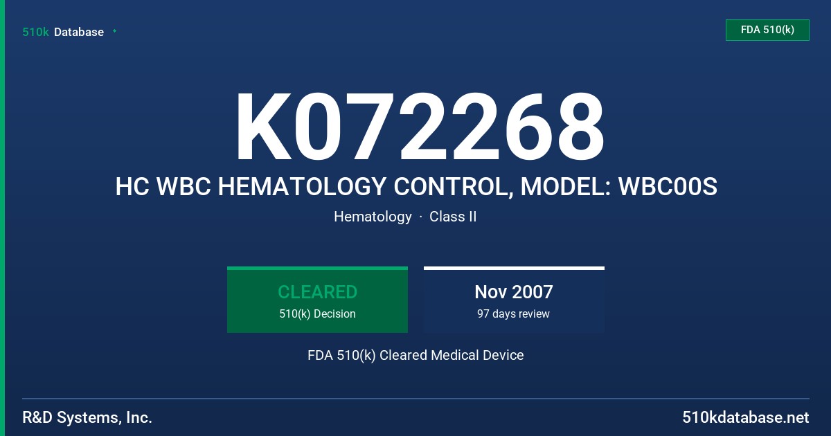 K072268 HC WBC HEMATOLOGY CONTROL, MODEL: WBC00S FDA 510(k) Cleared Medical Device