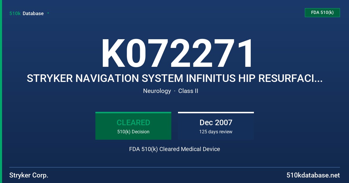 K072271 STRYKER NAVIGATION SYSTEM INFINITUS HIP RESURFACING MODULE FDA 510(k) Cleared Medical Device
