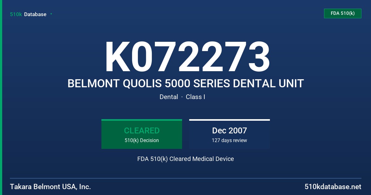 K072273 BELMONT QUOLIS 5000 SERIES DENTAL UNIT FDA 510(k) Cleared Medical Device