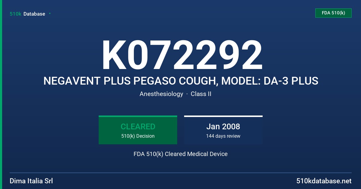K072292 NEGAVENT PLUS PEGASO COUGH, MODEL: DA-3 PLUS FDA 510(k) Cleared Medical Device