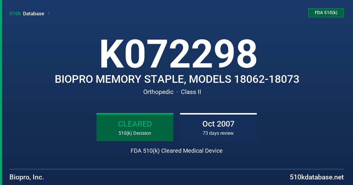 K072298 BIOPRO MEMORY STAPLE, MODELS 18062-18073 FDA 510(k) Cleared Medical Device