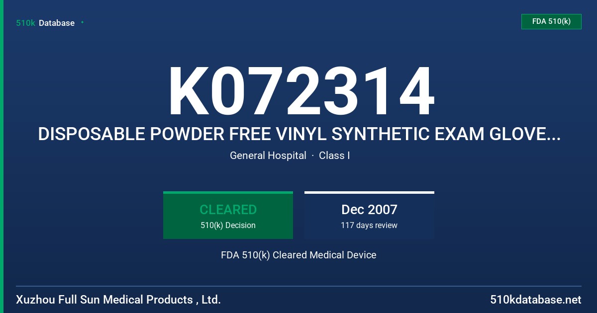 K072314 DISPOSABLE POWDER FREE VINYL SYNTHETIC EXAM GLOVES, WITH ALOE VERA, GREEN COLOR FDA 510(k) Cleared Medical Device