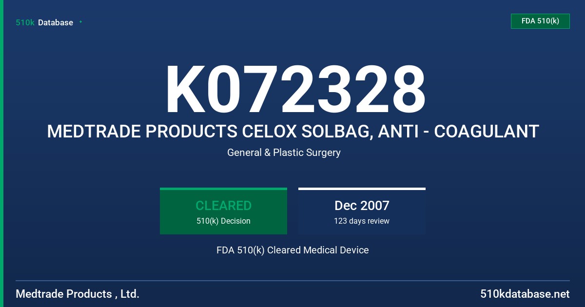 K072328 MEDTRADE PRODUCTS CELOX SOLBAG, ANTI - COAGULANT FDA 510(k) Cleared Medical Device