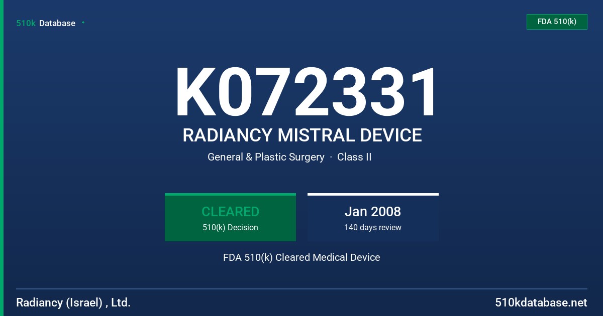 K072331 RADIANCY MISTRAL DEVICE FDA 510(k) Cleared Medical Device