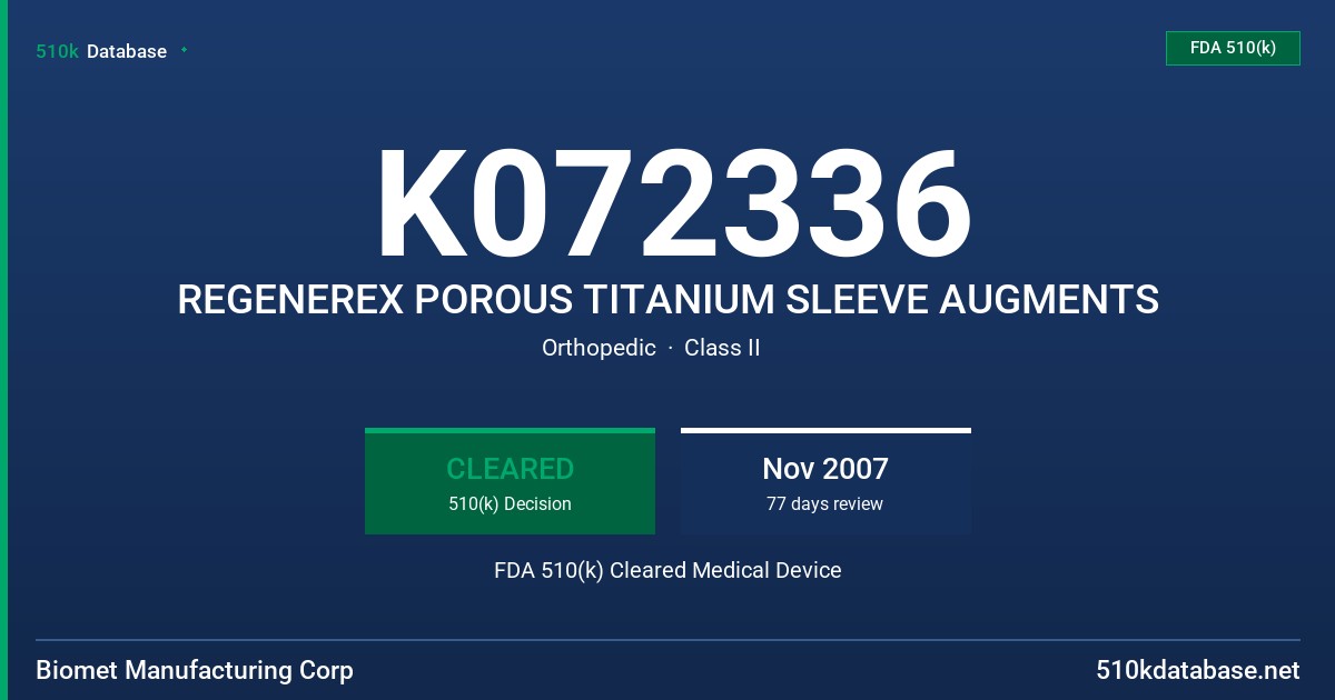 K072336 REGENEREX POROUS TITANIUM SLEEVE AUGMENTS FDA 510(k) Cleared Medical Device