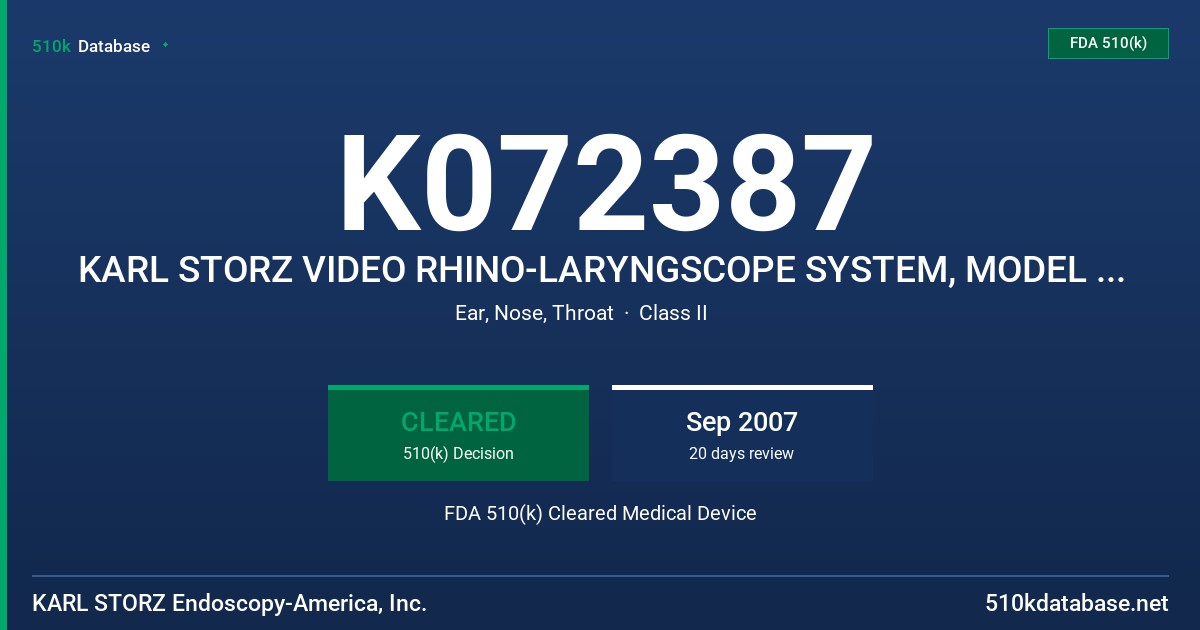 K072387 KARL STORZ VIDEO RHINO-LARYNGSCOPE SYSTEM, MODEL 11101 SERIES FDA 510(k) Cleared Medical Device