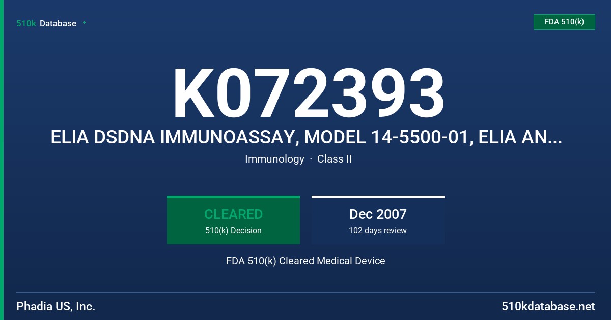 K072393 ELIA DSDNA IMMUNOASSAY, MODEL 14-5500-01, ELIA ANA CONTROL, MODEL 83-1004-01 FDA 510(k) Cleared Medical Device