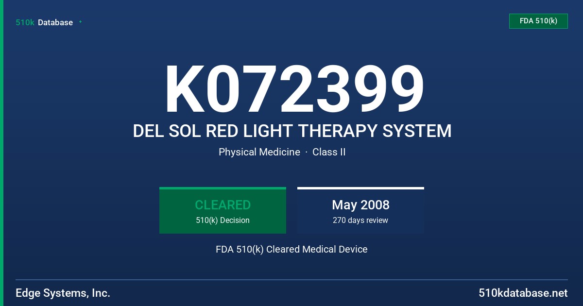 K072399 DEL SOL RED LIGHT THERAPY SYSTEM FDA 510(k) Cleared Medical Device