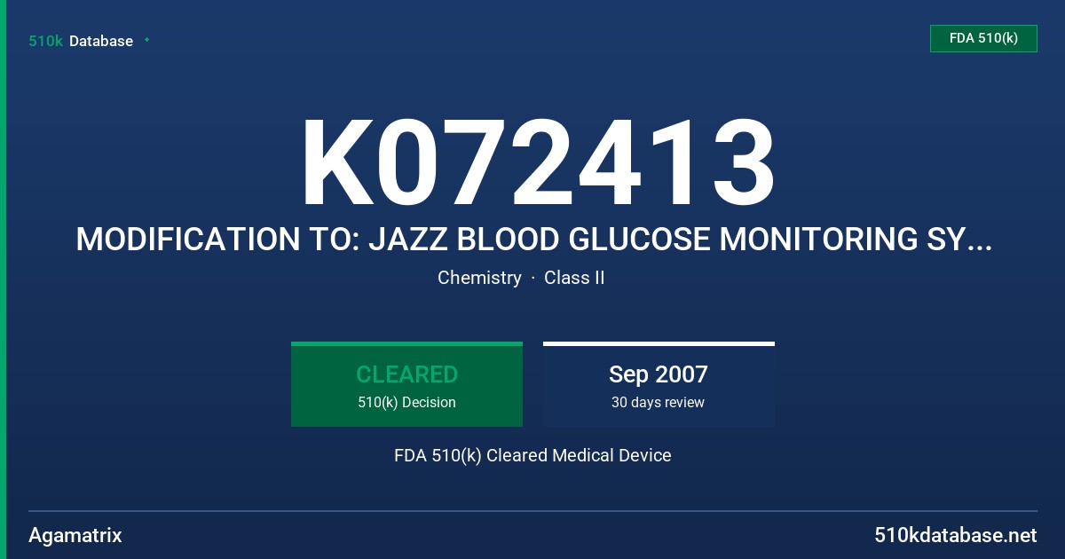 K072413 MODIFICATION TO: JAZZ BLOOD GLUCOSE MONITORING SYSTEM FDA 510(k) Cleared Medical Device