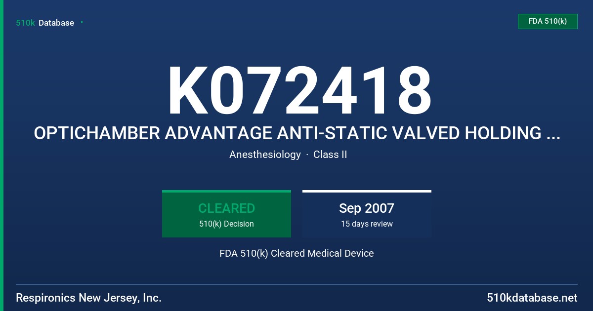 K072418 OPTICHAMBER ADVANTAGE ANTI-STATIC VALVED HOLDING CHAMBER FDA 510(k) Cleared Medical Device
