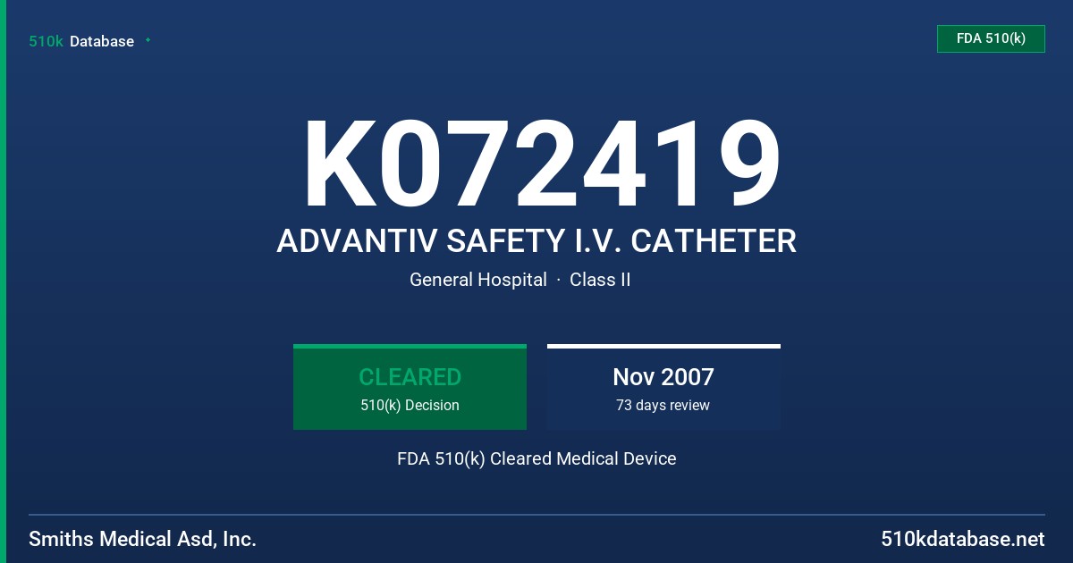 K072419 ADVANTIV SAFETY I.V. CATHETER FDA 510(k) Cleared Medical Device