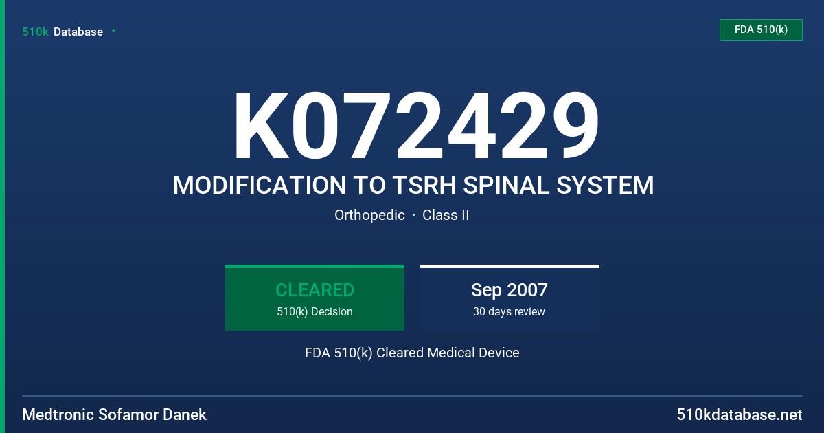 K072429 MODIFICATION TO TSRH SPINAL SYSTEM FDA 510(k) Cleared Medical Device