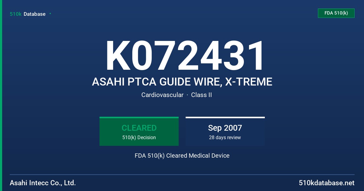 K072431 ASAHI PTCA GUIDE WIRE, X-TREME FDA 510(k) Cleared Medical Device