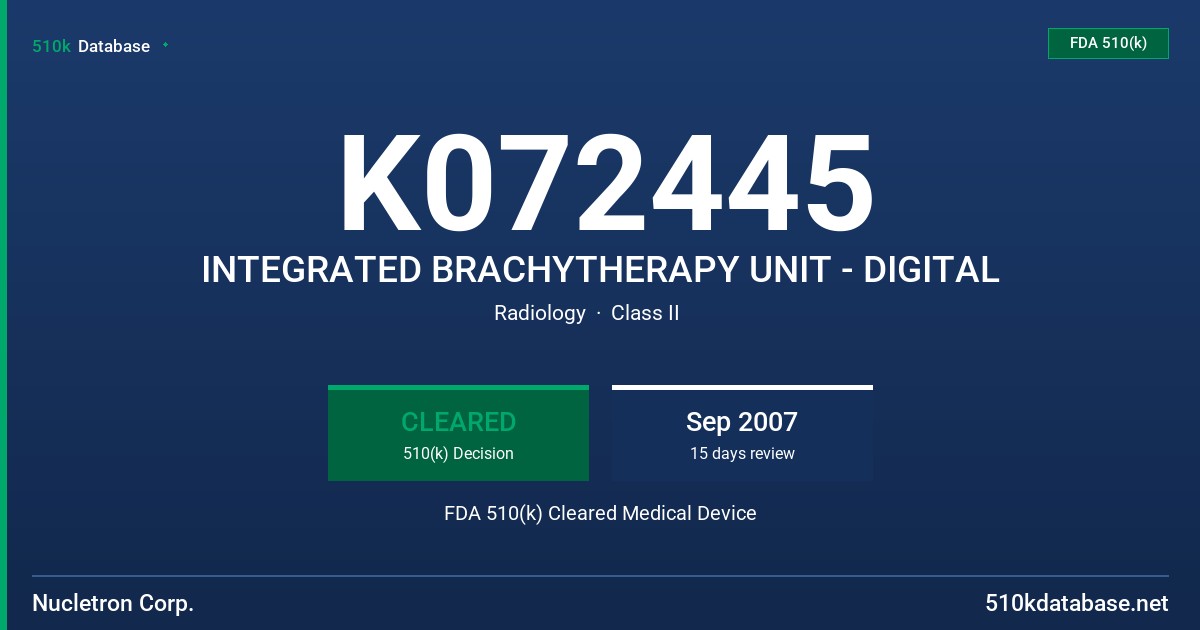 K072445 INTEGRATED BRACHYTHERAPY UNIT - DIGITAL FDA 510(k) Cleared Medical Device