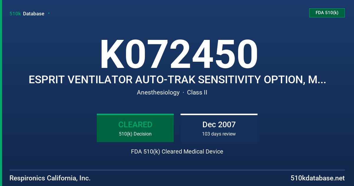K072450 ESPRIT VENTILATOR AUTO-TRAK SENSITIVITY OPTION, MODEL V1000 FDA 510(k) Cleared Medical Device