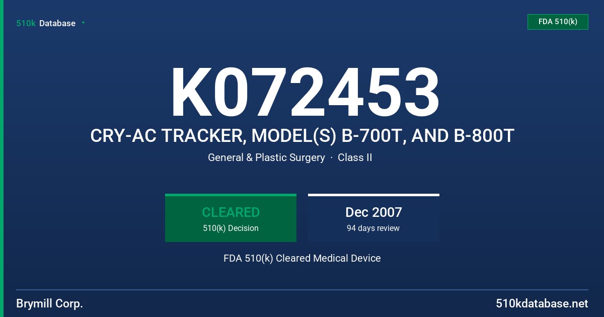 K072453 CRY-AC TRACKER, MODEL(S) B-700T, AND B-800T FDA 510(k) Cleared Medical Device