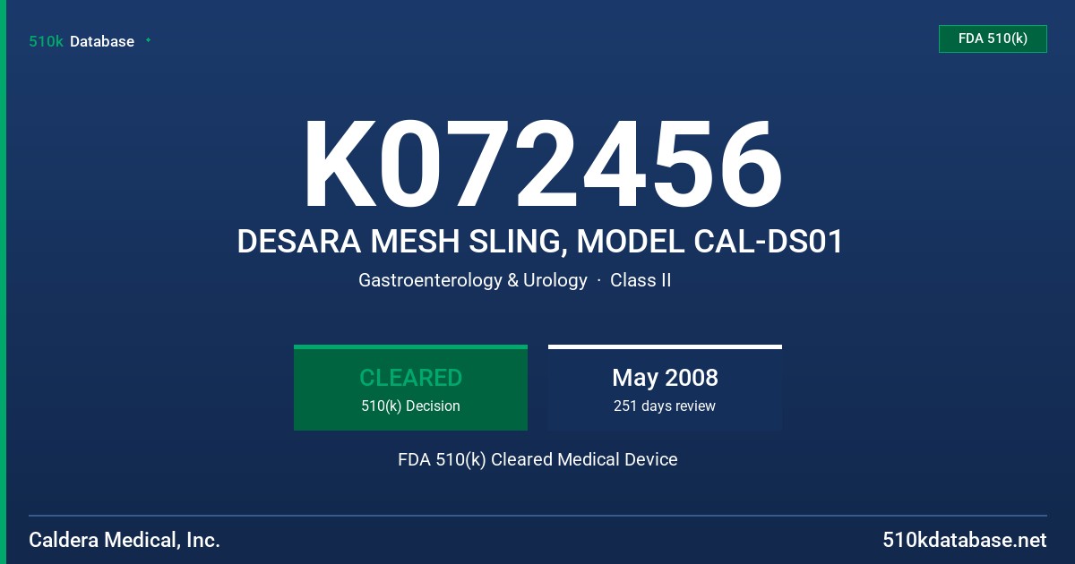 K072456 DESARA MESH SLING, MODEL CAL-DS01 FDA 510(k) Cleared Medical Device