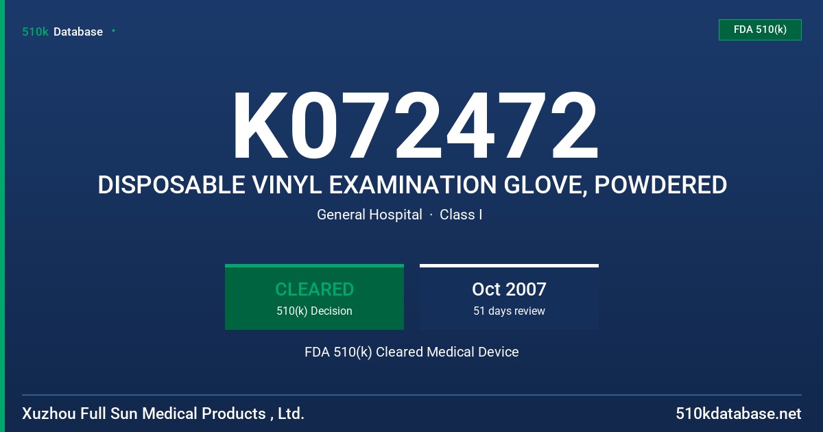 K072472 DISPOSABLE VINYL EXAMINATION GLOVE, POWDERED FDA 510(k) Cleared Medical Device