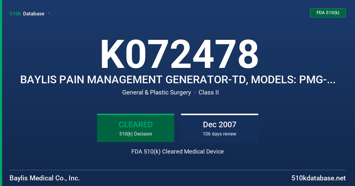 K072478 BAYLIS PAIN MANAGEMENT GENERATOR-TD, MODELS: PMG-115-TD AND PMG-230-TD FDA 510(k) Cleared Medical Device