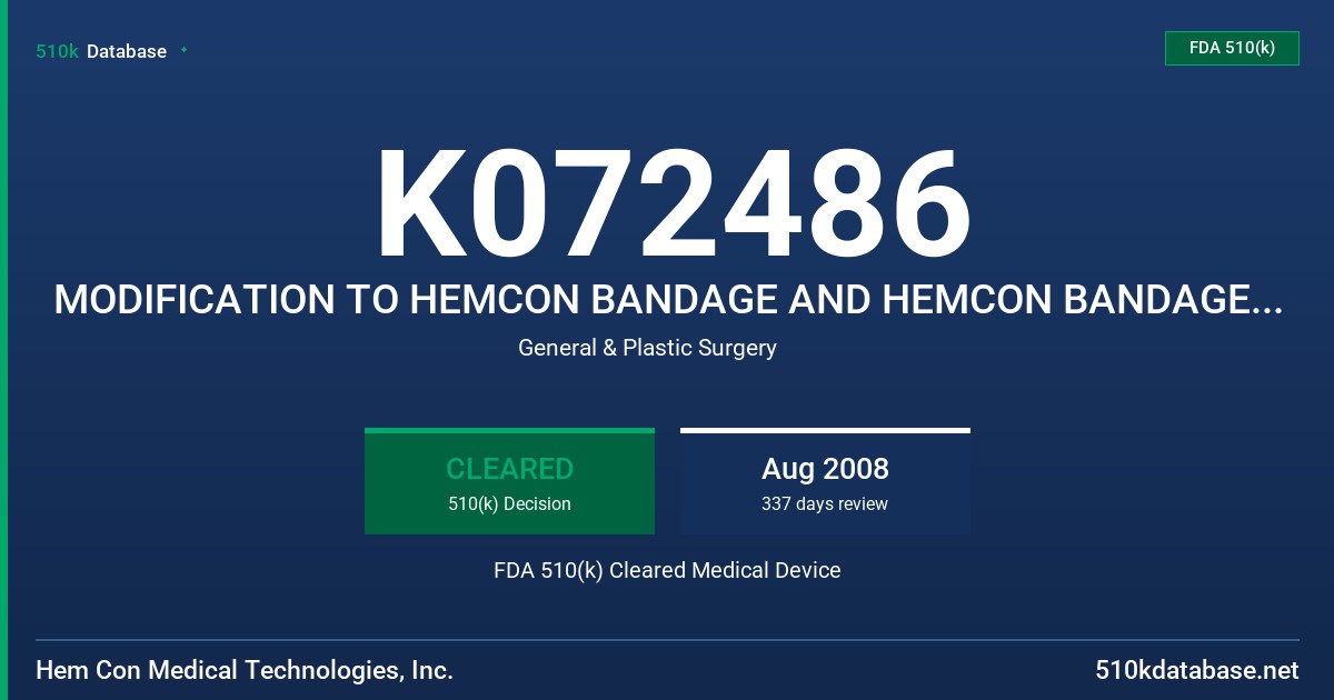 K072486 MODIFICATION TO HEMCON BANDAGE AND HEMCON BANDAGE OTC FDA 510(k) Cleared Medical Device