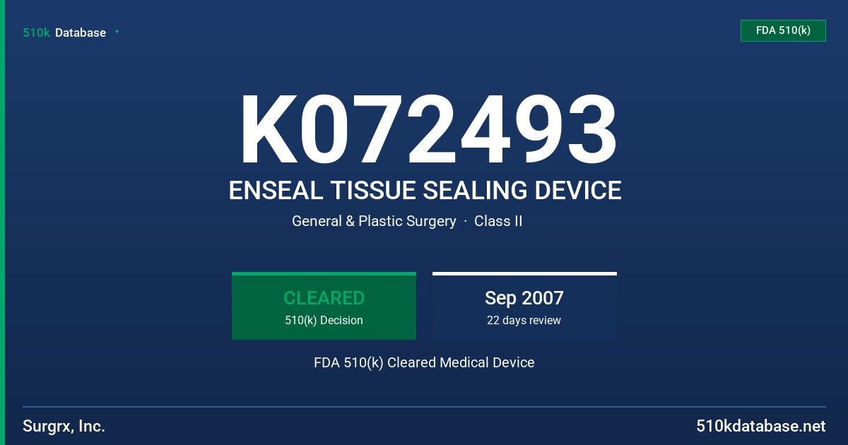 K072493 ENSEAL TISSUE SEALING DEVICE FDA 510(k) Cleared Medical Device