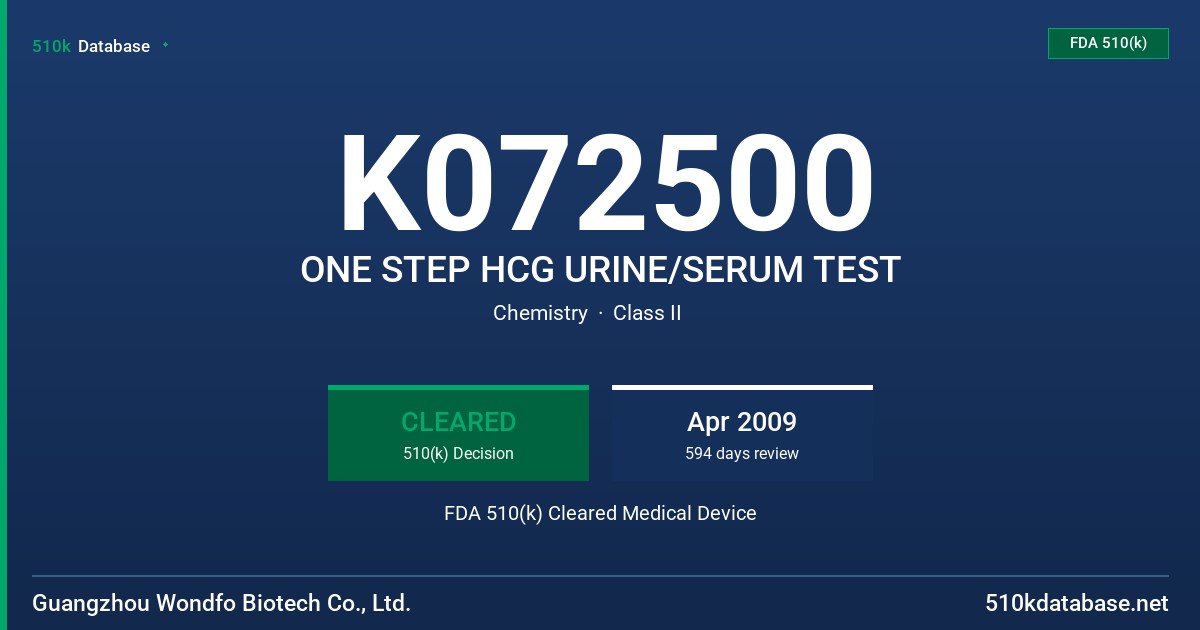 K072500 ONE STEP HCG URINE/SERUM TEST FDA 510(k) Cleared Medical Device