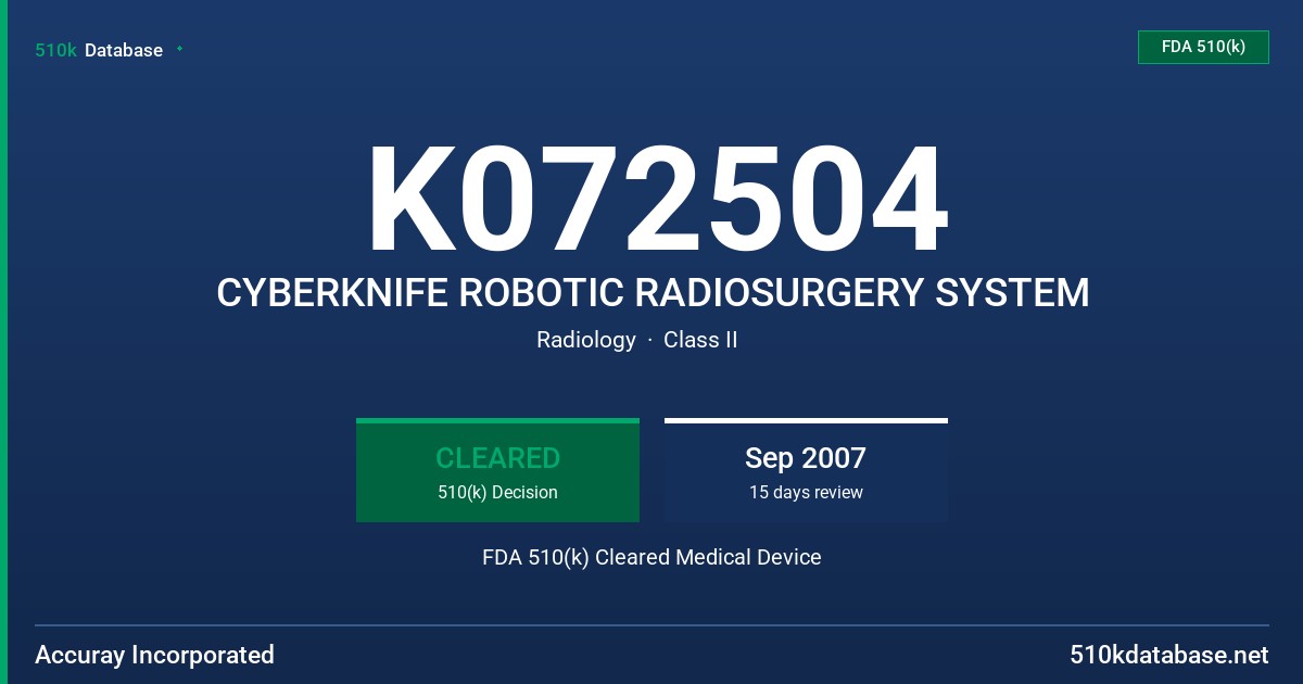 K072504 CYBERKNIFE ROBOTIC RADIOSURGERY SYSTEM FDA 510(k) Cleared Medical Device