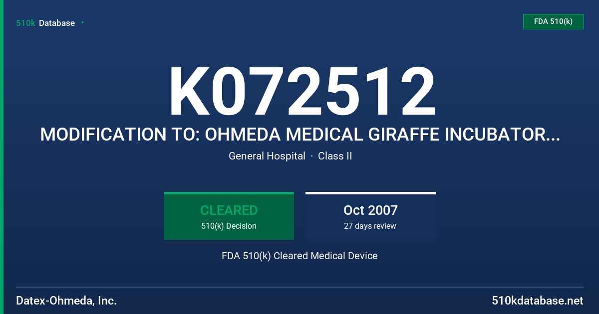 K072512 MODIFICATION TO: OHMEDA MEDICAL GIRAFFE INCUBATOR (GIRAFFE AND PANDA UNINTERRUPTIBLE POWER SUPPLY) FDA 510(k) Cleared Medical Device