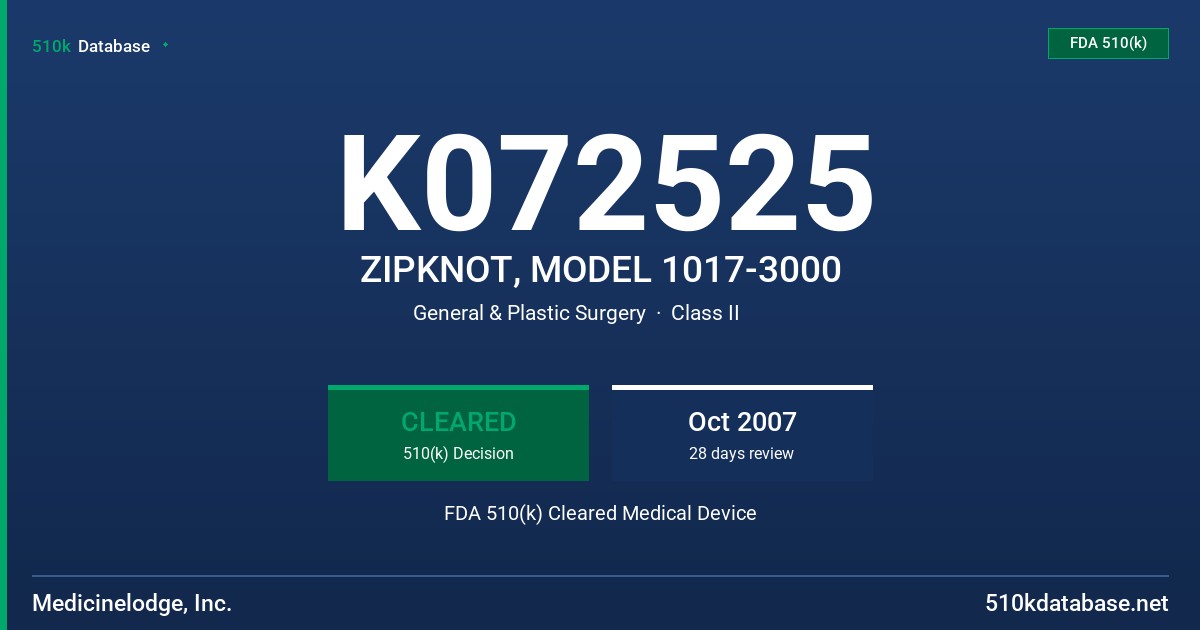 K072525 ZIPKNOT, MODEL 1017-3000 FDA 510(k) Cleared Medical Device