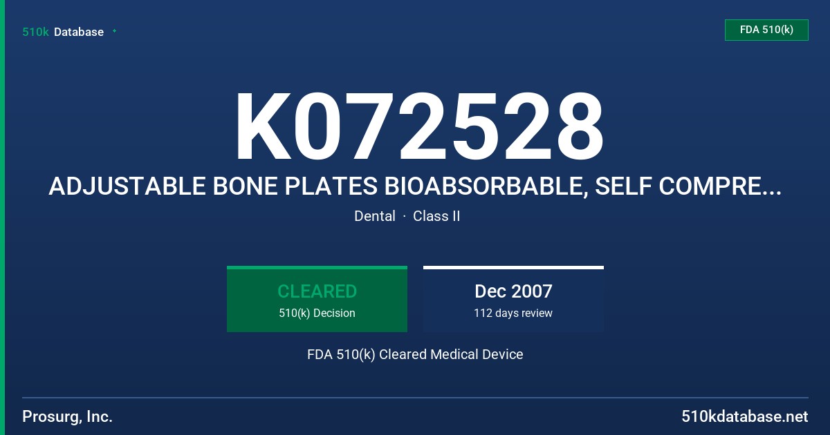 K072528 ADJUSTABLE BONE PLATES BIOABSORBABLE, SELF COMPRESSION BONE FIXATION SYSTEM & ACCESSORIES FDA 510(k) Cleared Medical Device