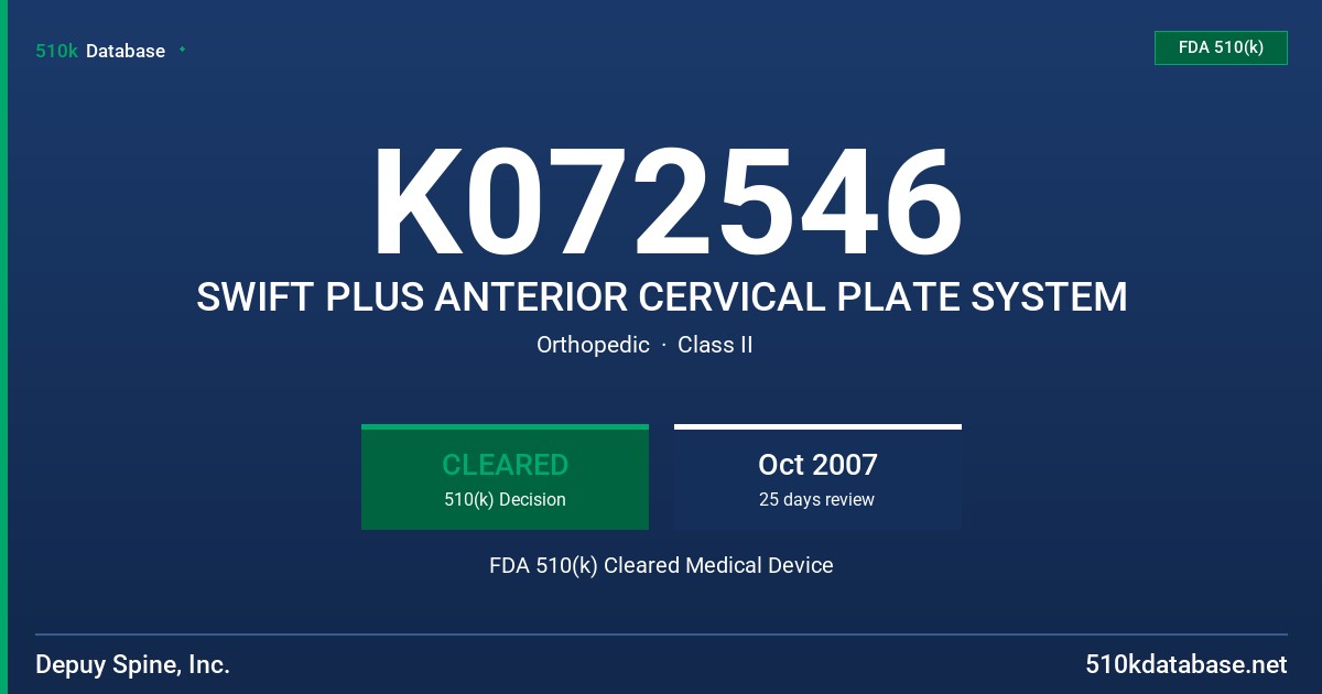 K072546 SWIFT PLUS ANTERIOR CERVICAL PLATE SYSTEM FDA 510(k) Cleared Medical Device