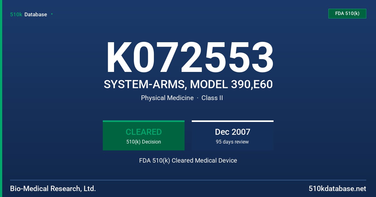 K072553 SYSTEM-ARMS, MODEL 390,E60 FDA 510(k) Cleared Medical Device