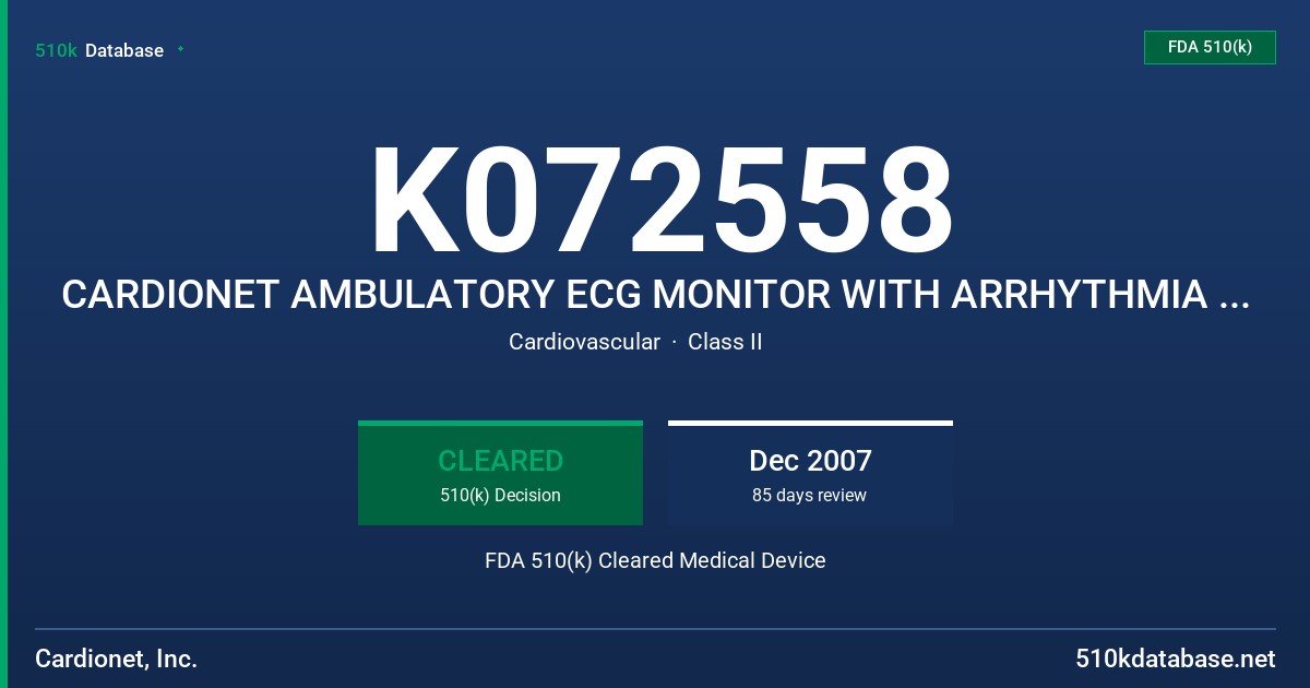 K072558 CARDIONET AMBULATORY ECG MONITOR WITH ARRHYTHMIA DETECTION, MODEL CN1005 FDA 510(k) Cleared Medical Device