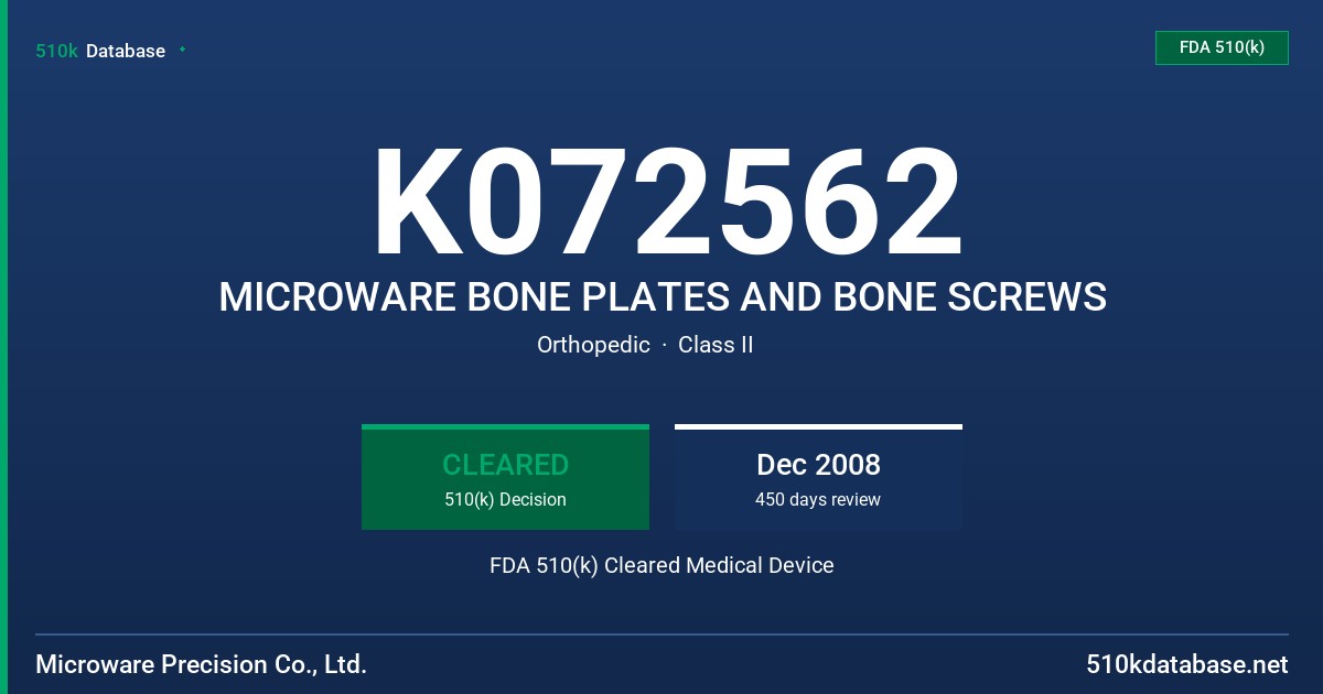 K072562 MICROWARE BONE PLATES AND BONE SCREWS FDA 510(k) Cleared Medical Device