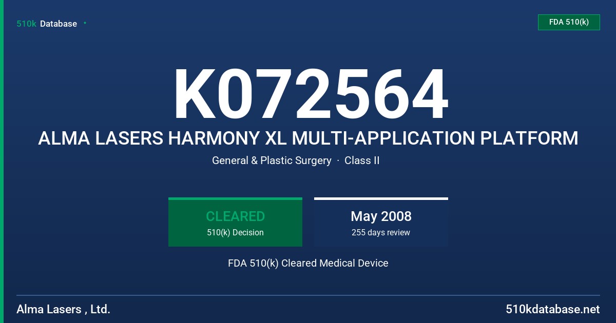 K072564 ALMA LASERS HARMONY XL MULTI-APPLICATION PLATFORM FDA 510(k) Cleared Medical Device