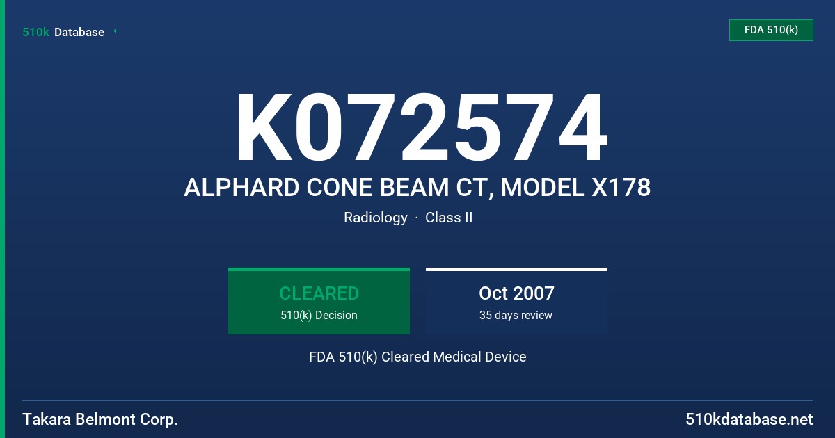 K072574 ALPHARD CONE BEAM CT, MODEL X178 FDA 510(k) Cleared Medical Device