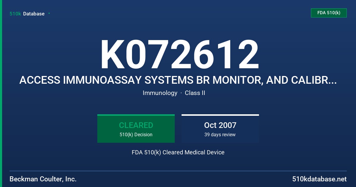 K072612 ACCESS IMMUNOASSAY SYSTEMS BR MONITOR, AND CALIBRATORS, MODEL(S) 387620,AND 387647 FDA 510(k) Cleared Medical Device