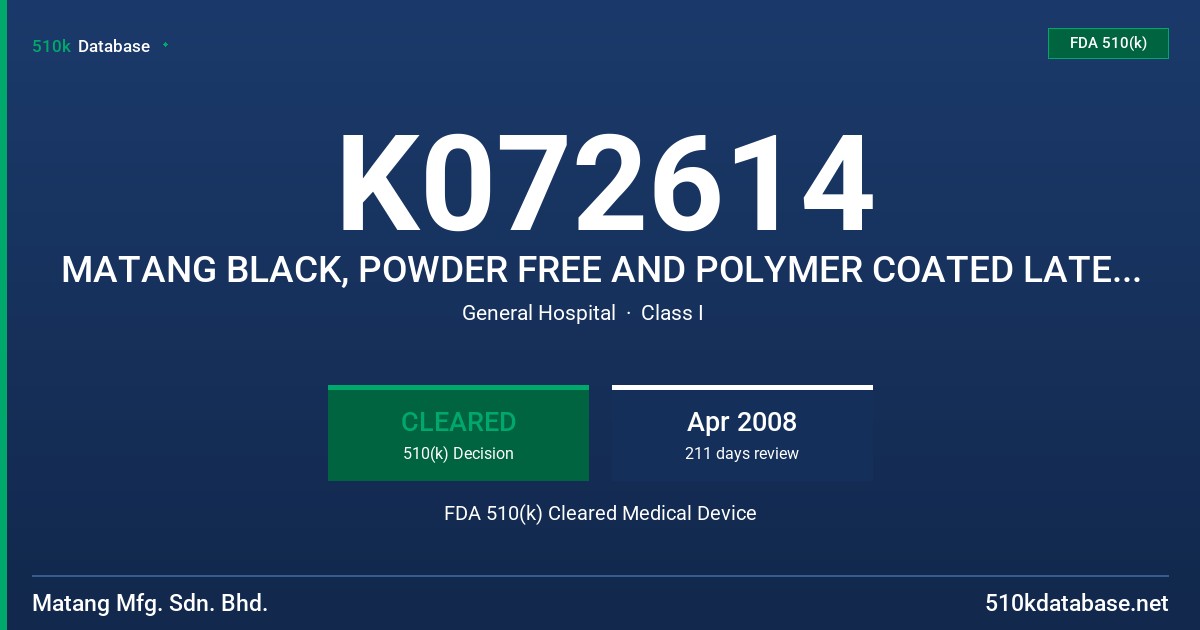 K072614 MATANG BLACK, POWDER FREE AND POLYMER COATED LATEX EXAMINATION GLOVE FDA 510(k) Cleared Medical Device