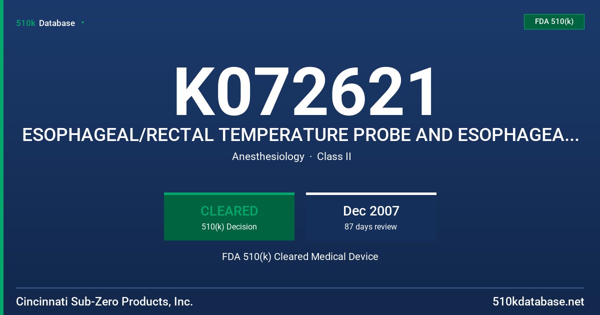 K072621 ESOPHAGEAL/RECTAL TEMPERATURE PROBE AND ESOPHAGEAL STETHOSCOPE WITH TEMPERATURE SENSOR FDA 510(k) Cleared Medical Device